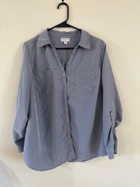 DB Established 1962 Women’s 1X Gray Roll Tab Sleeve Button Blouse Modal Blend